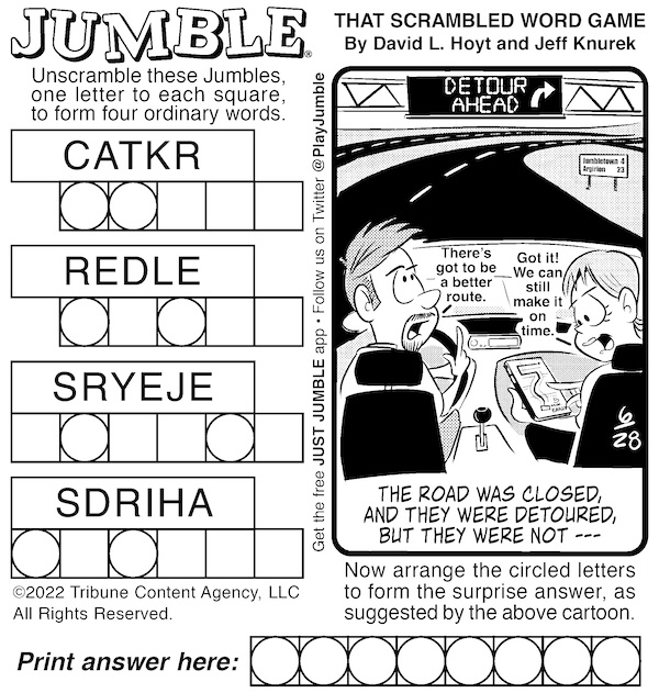 Take a detour with this classic jumble puzzle - unscramble the words then solve the cartoon puzzle