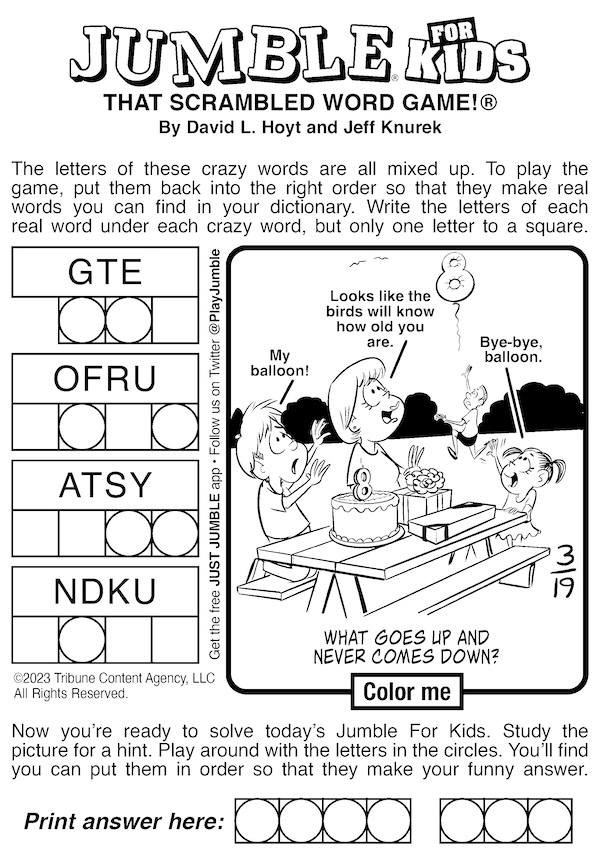 The kids' Jumble puzzle, as a balloon in the cartoon bonus answer floats into the air to take a detour.