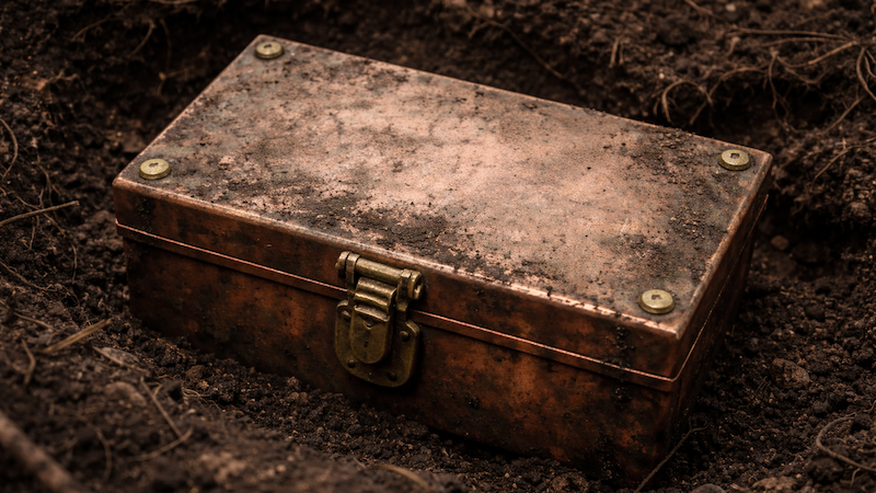 Generic copper box, AI created, representing “The Buried Cause: Unearthing Hidden History in the Lee Monument Cornerstone”