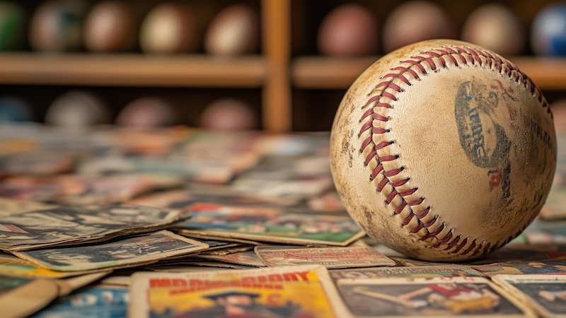 old baseball cards and baseball. AI generated on Dreamstime.