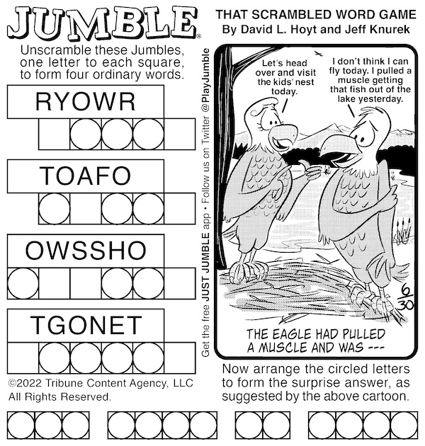 Classic Jumble puzzle with a cartoon bonus of an eagle pair chatting: for slippery eagles duo