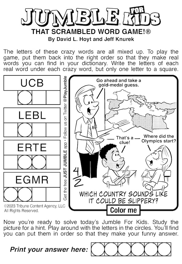 Kids Jumble puzzle with a teacher, classroom, and a map of Europe on the wall