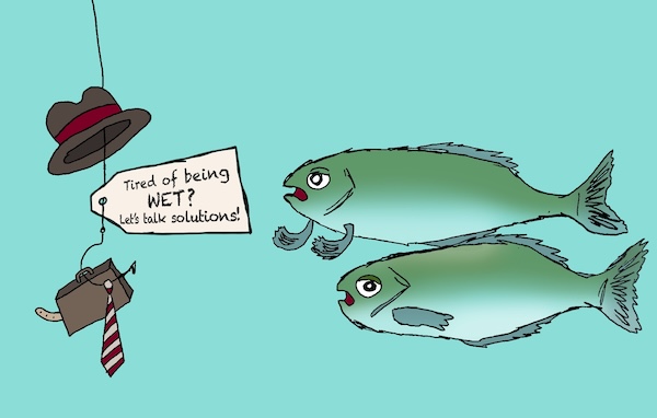 Boomer cartoon caption contest: two fish discuss a fishing line with businessman's hat, tie, and briefcase, plus a sales note.