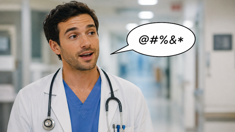 Dr. Foulmouthed - young doctor with a profanity cartoon bubble. ChatGPT AI creation