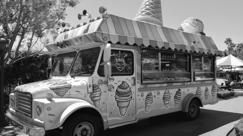 Old ice cream truck in black and white. by 62