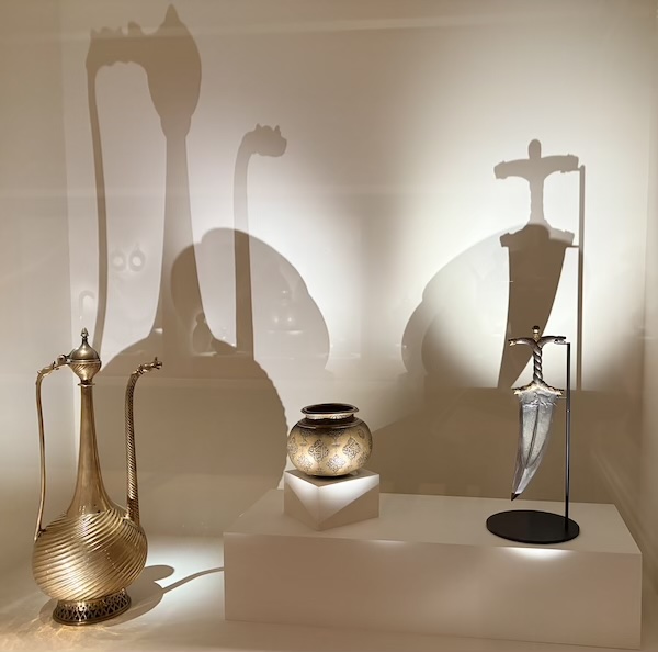 Mughal Empire, probably Lahore: brass ewer, 1550-1600 (Ashmolean Museum, Oxford); ablution vessel, ca. 1580-1600, bronze and black compound (V&A); and dagger, ca. 1580-1600, watered steel and gold (V&A)