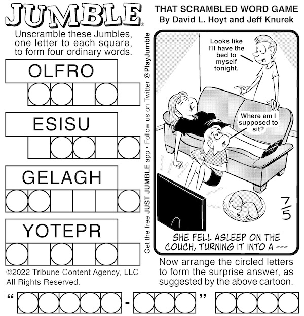 Classic Jumble - a woman sleeping on a couch. For Sleepy Football