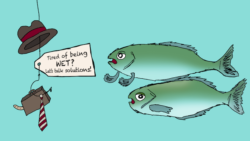 Boomer Name That Cartoon Caption June 2026: two fish discuss a fishing line with hat, briefcase, tie, fishhook and worm + a tag soliciting business