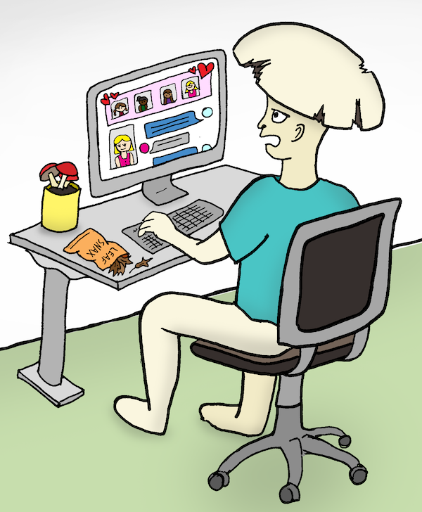 Mushroom browsing an online dating site and eating leaf snacks.