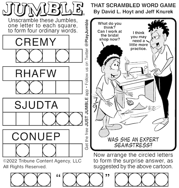 Pro dreams puzzles: A classic Jumble puzzle with a cartoon of an aspiring seamstress