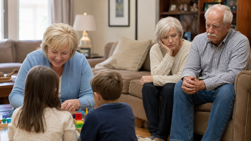 Grandmother plays with kids while third grandma and granddad look on dejectedly. Image by ChatGPT