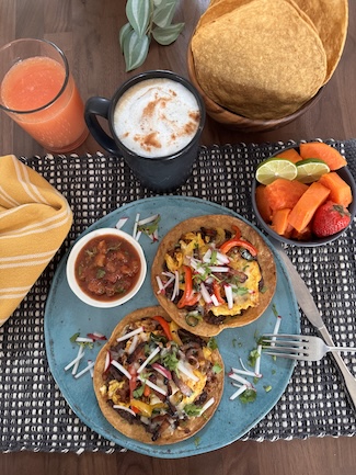 Breakfast tostadas with cinnamon-orange coffee