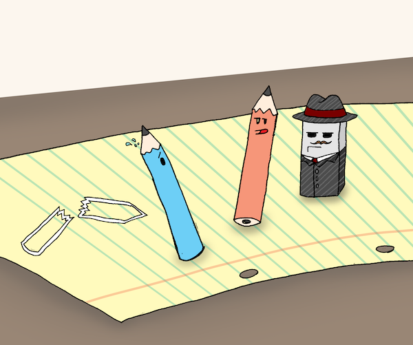 Cartoon caption contest August 2026: two pencils and an eraser personified.