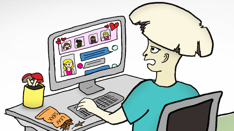 A personified mushroom sits at a desk, looking at an internet dating site on his computer monitor. Name That Cartoon Caption: July 2026
