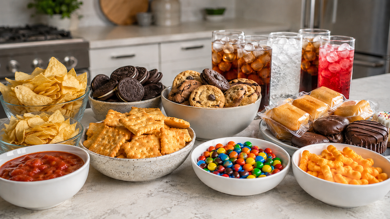 A kitchen counter with lots of ultraprocessed foods and snacks. ChatGPT image