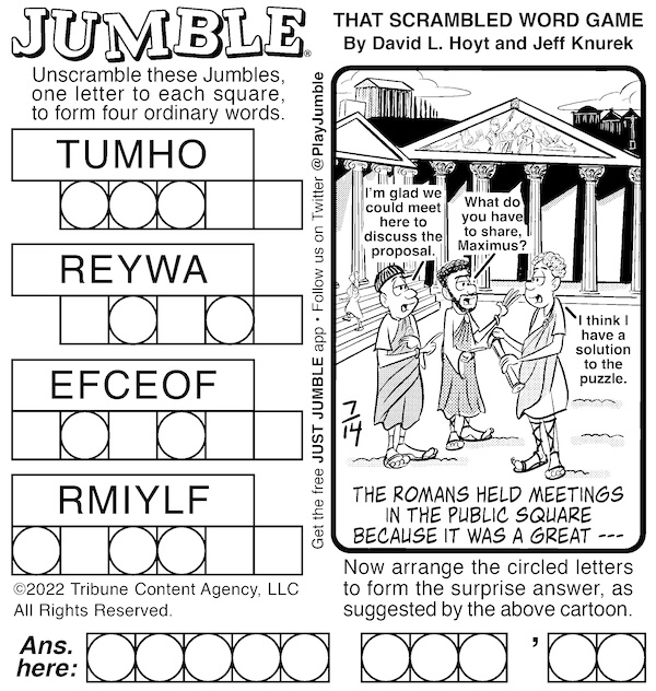 Jumble puzzles with acorns and Romans - classic puzzle has Romans cartoon for surprise answer