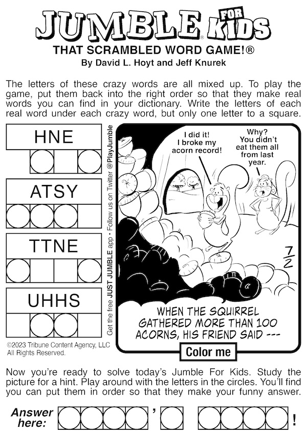 Jumble puzzles with acorns and Romans - kids puzzle has squirrel cartoon for surprise answer