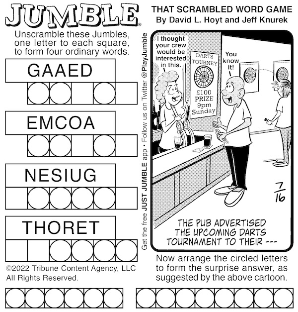 Classic Jumble puzzle with a darts tournament as the cartoon. With kids' Jumble: horses and darts