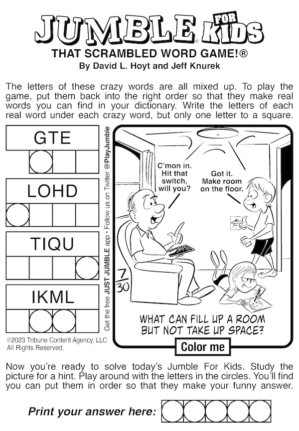 Jumble Puzzles with arms and space: This Jumble for Kids features a bonus cartoon of a family relaxing together in a living room
