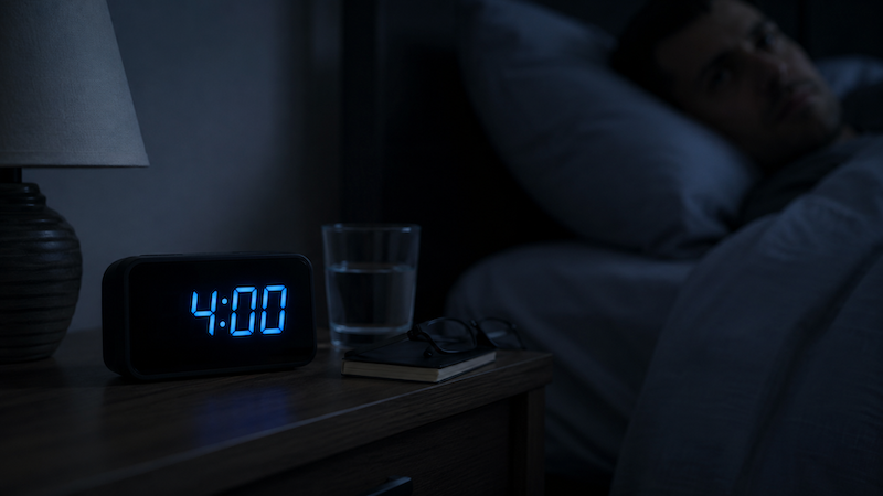 At 4 a.m., a man lies awake in bed, his bedside clock reminding him of the ungodly hour. ChatGPT image