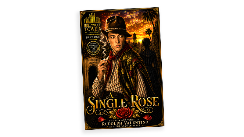 Cover of the graphic novel "A Single Rose" about the life of Rudolph Valentino and the Lady in Black. By Giovanni Sticco