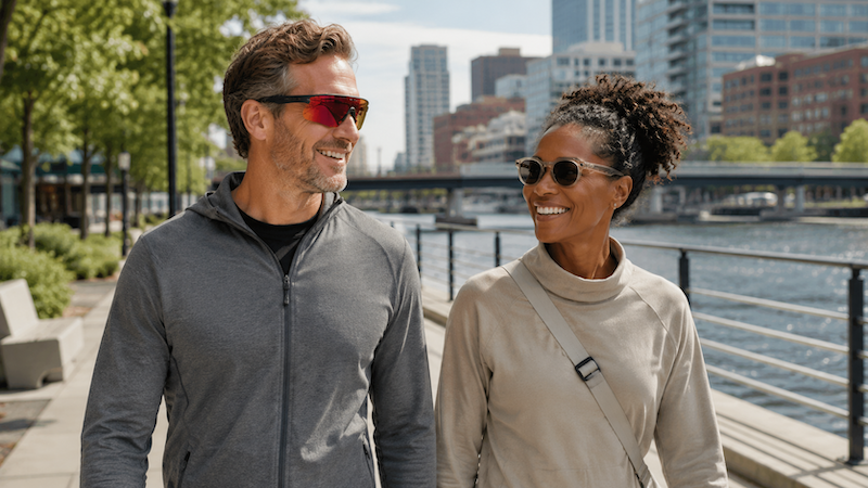 Man and woman walking along an urban riverwalk wearing Oakley smart glasses. Image by ChatGPT