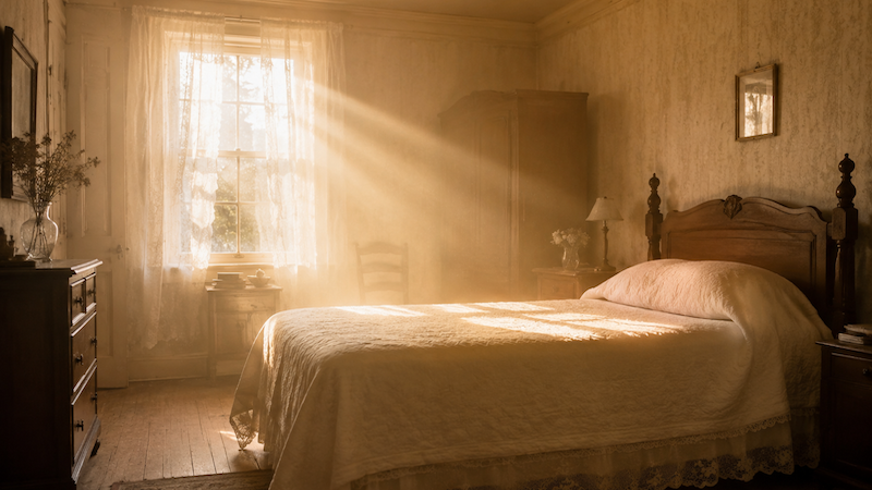A Decent Burial: an empty bed with rays of light to signify an elderly man's death at home