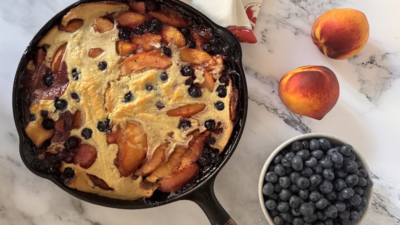 Peach Blueberry Pancakes with ginger cherry sauce