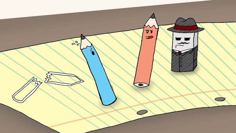Name That Cartoon Caption: August 2026. Two pencils and an eraser personified. By Brian Marsh