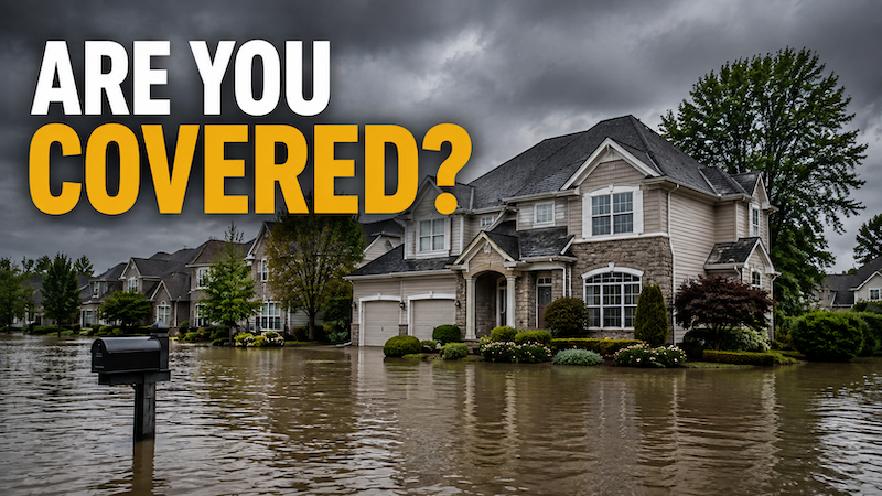 A flooded neighborhood and the caption, Are You Covered? to represent homeowners insurance policy coverage