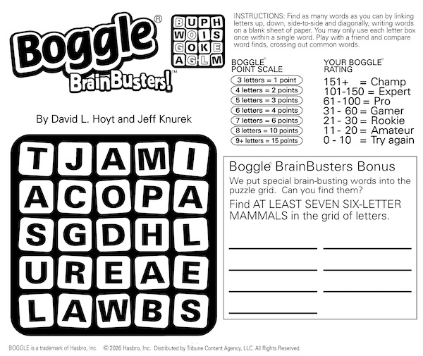 Boggle puzzle: find the six-letter mammals
