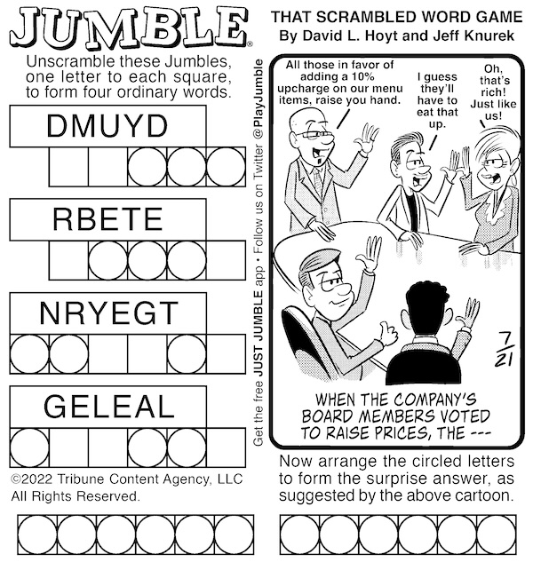 Classic Jumble with a cartoon of a restaurant executive meeting voting to raise prices. For two puzzles: menu prices and bat cave