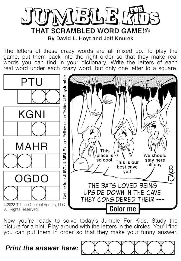 Jumble puzzle for kids, with the surprise cartoon of bats in their cave. For the duo, menu prices and bat cave