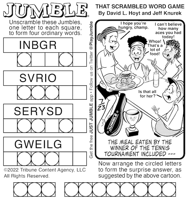 Classic Jumble puzzle with women tennis players seated for a meal after a match. For spooky tennis champ