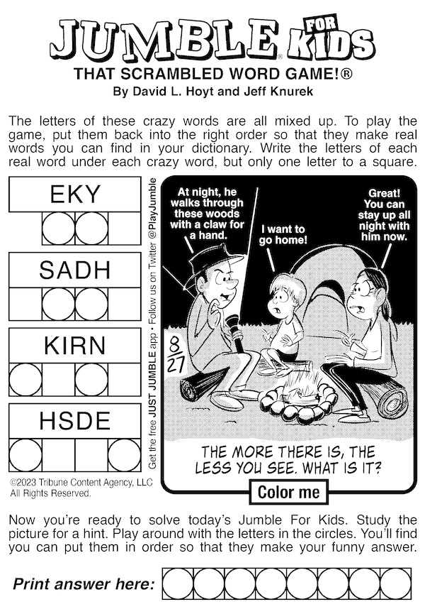 Jumble puzzle for kids: cartoon of a family camping at night. For spooky tennis champ combo puzzles