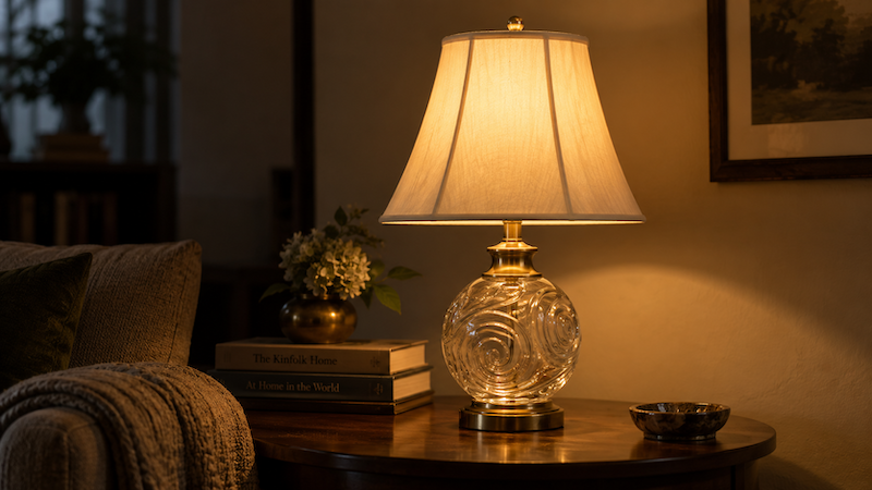 A glass lamp softly lit on a living room end table, emanating the light of friendship. ChatGPT image