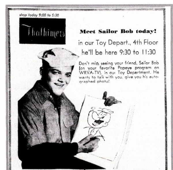 An ad for Popeye and Sailor Bob, a legendary Richmond, Virginia, kids' show host