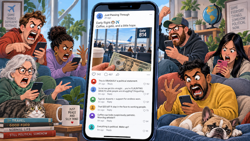 Social media squabbles: cartoon people all look angrily at their phones despite a tame social media message. ChatGPT image