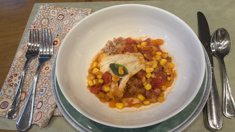 Steamed Cod with Corn and Tomato Sauce