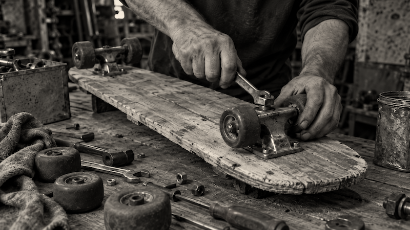 Man making a handmade skateboard from junkyard parts: nothing wasted! ChatGPT image