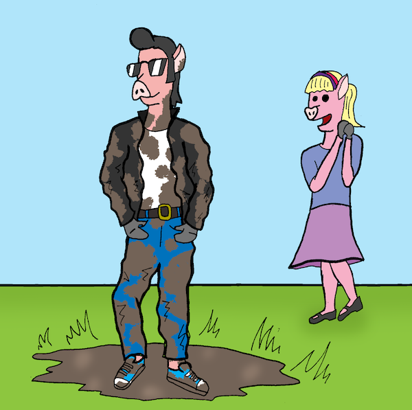 Pig teeny bopper admiring a muddy teen male pig. Name that cartoon caption October 2026