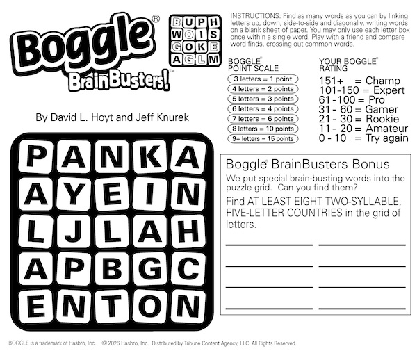 Boggle BrainBusters word search puzzle with country clues