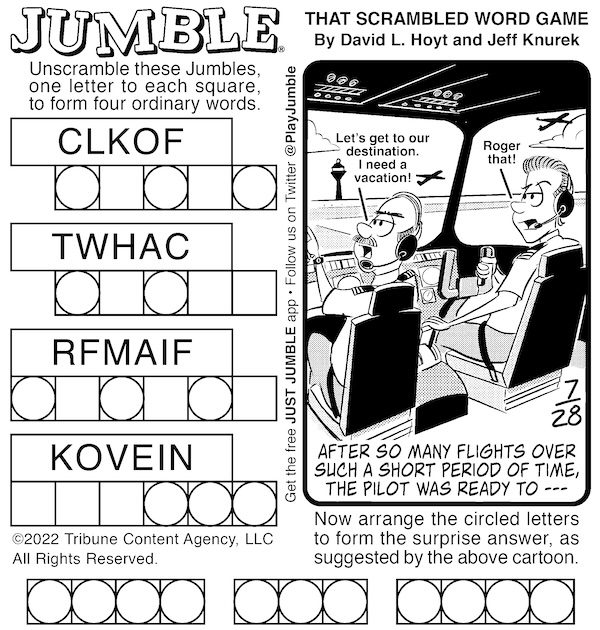 Classic Jumble puzzle with a cartoon of two pilots taxiing on a runway. For feature on rabbits and pilots