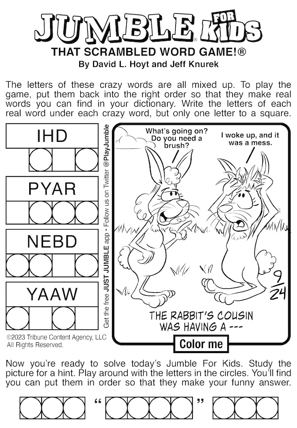 Jumble for kids with a cartoon of two bunnies talking to each other. For the Jumble feature with rabbits and pilots.