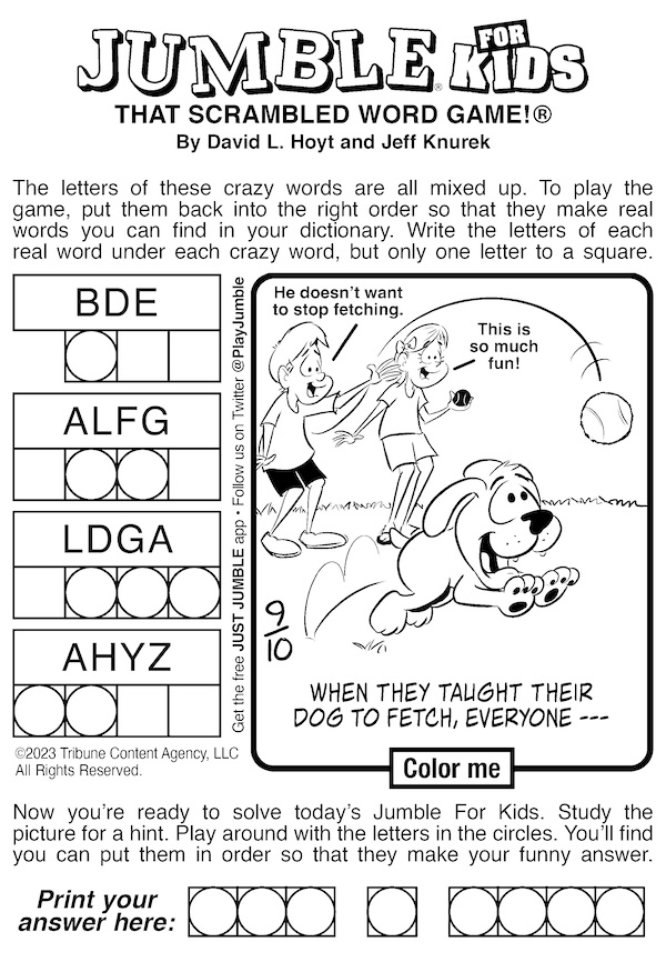 Jumble puzzle with bonus answer cartoon of kids playing fetch with a dog. For Jumble puzzles Vintage Fetch